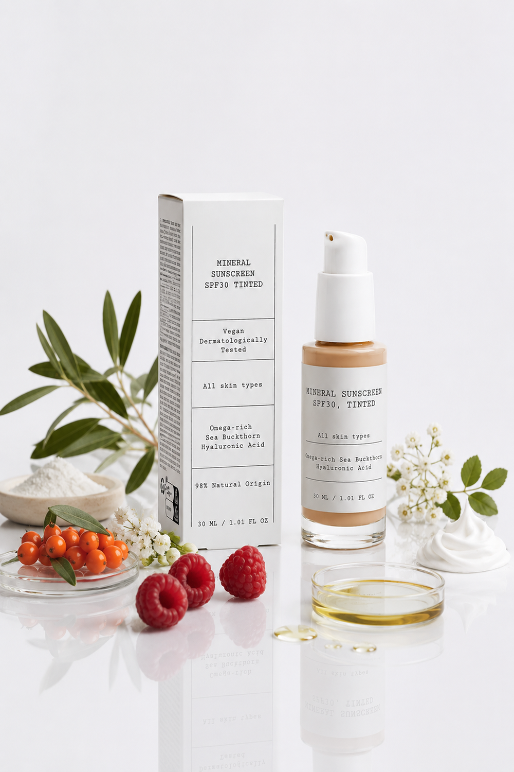 D.E.N. Glass Skin Mineral Sunscreen SPF30 Tinted, bottle and box with raspberries and sea buckthorn