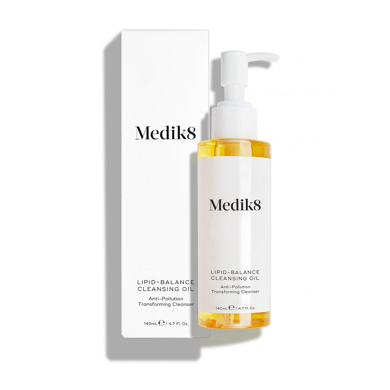 Medik8 Lipid-Balance Cleansing Oil, golden oil in a pump bottle with box