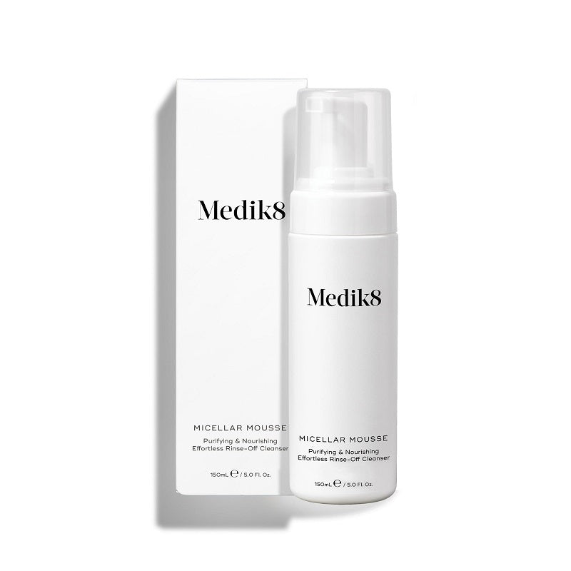 Medik8 Micellar Mousse, white foam pump bottle with box